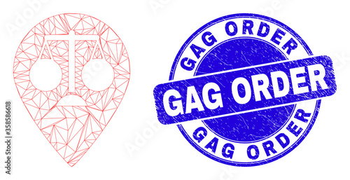 Web mesh justice map marker icon and Gag Order stamp. Blue vector rounded scratched stamp with Gag Order message. Abstract carcass mesh polygonal model created from justice map marker pictogram.