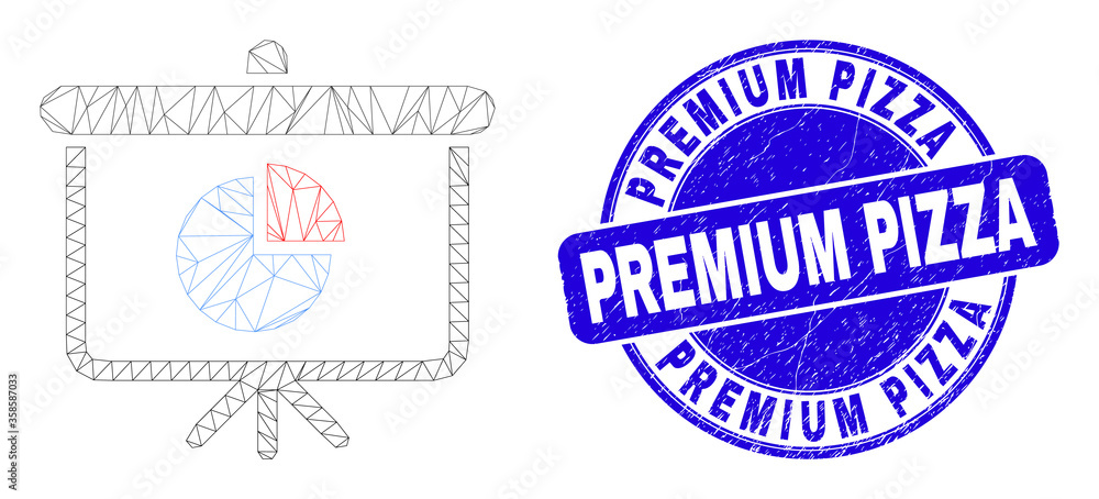 Web mesh pie chart demonstration board pictogram and Premium Pizza stamp. Blue vector rounded textured seal stamp with Premium Pizza phrase. Web mesh pie chart demonstration board pictogram and Premium Pizza stamp. Blue vector rounded textured seal stamp with Premium Pizza phrase.
