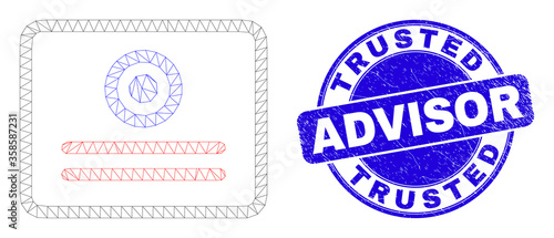 Web carcass certificate pictogram and Trusted Advisor seal stamp. Blue vector rounded grunge seal with Trusted Advisor caption.
