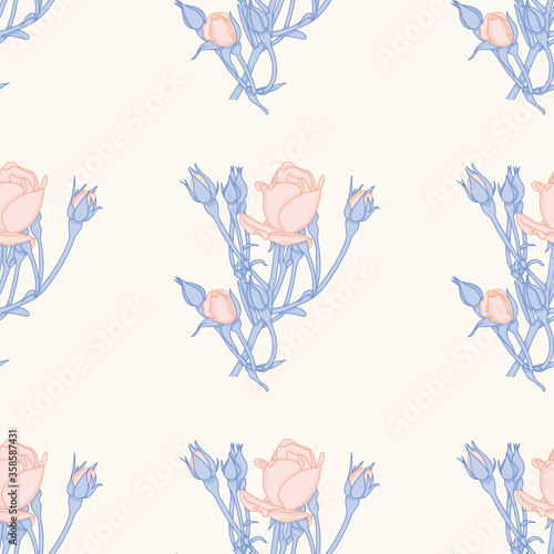 Crosshatching rose bud branches seamless vector pattern. Blue and orange botanical illustration background. 