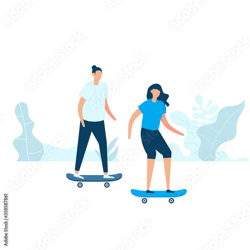 Character design of young couple riding a skateboard together in nature with healthy lifestyle concept. Vector illustration in flat style