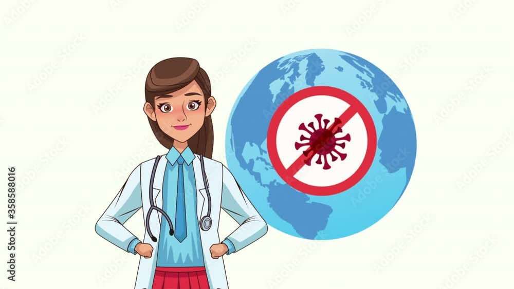 female doctor professional with earth planet and stop covid19 signal female doctor professional with earth planet and stop covid19 signal