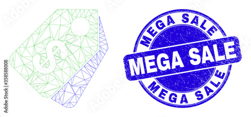 Web carcass dollar tags pictogram and Mega Sale seal. Blue vector round textured seal with Mega Sale text. Abstract carcass mesh polygonal model created from dollar tags pictogram.