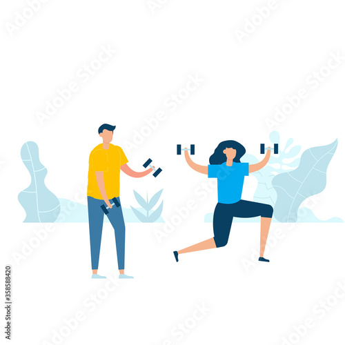 Character design of young fitness couple exercising with holding dumbbell in nature with healthy lifestyle concept. Vector illustration in flat style
