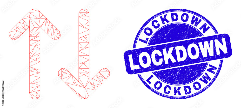 Web mesh vertical exchange arrows pictogram and Lockdown seal. Blue vector rounded distress seal with Lockdown text.