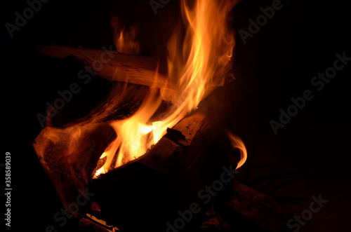 burning birch log fire in winter nature