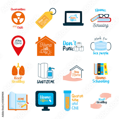 home schooling and coronavirus messages icon set