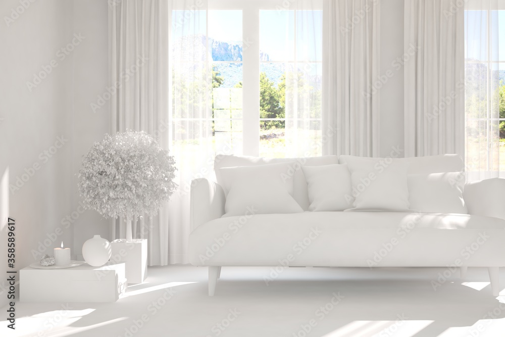 Fototapeta premium Stylish room in white color with sofa and green landscape in window. Scandinavian interior design. 3D illustration