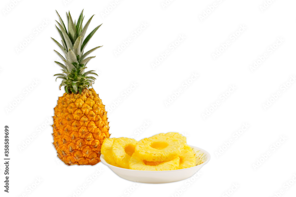 Pineapple with leaves and sliced isolated on white background. Pineapple with leaves and sliced isolated on white background.