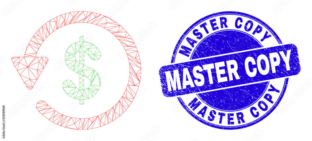Web carcass dollar refund icon and Master Copy seal. Blue vector rounded distress seal with Master Copy text. Abstract carcass mesh polygonal model created from dollar refund icon.