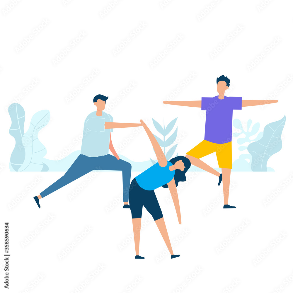 Character design of group young people practicing stretching together in nature with healthy lifestyle concept. Vector illustration in flat style