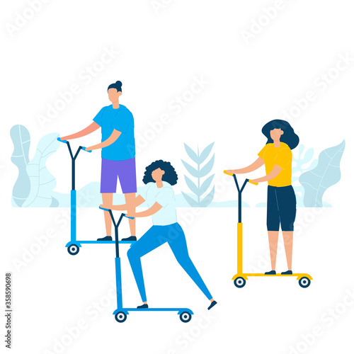 Character design of group young people riding kick scooters together in nature with healthy lifestyle concept. Vector illustration in flat style