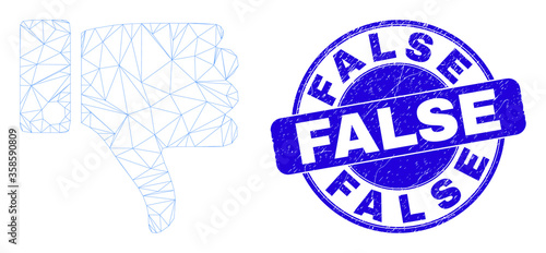 Web mesh thumb down pictogram and False watermark. Blue vector rounded grunge seal with False text. Abstract carcass mesh polygonal model created from thumb down pictogram.