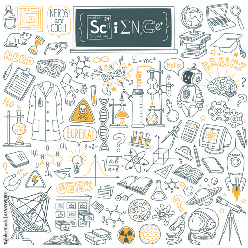 Science stuff doodle set. Biology, mathematics, astronomy, robotic technology, geometry, physics, chemistry laboratory equipments and tools. Freehand vector drawing Isolated on white background.