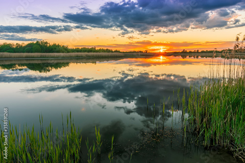 Scenic view at beautiful spring sunset with reflection on a shiny lake with green reeds  bushes  grass  golden sun rays  calm water  deep blue cloudy sky   glow on background  spring evening landscape