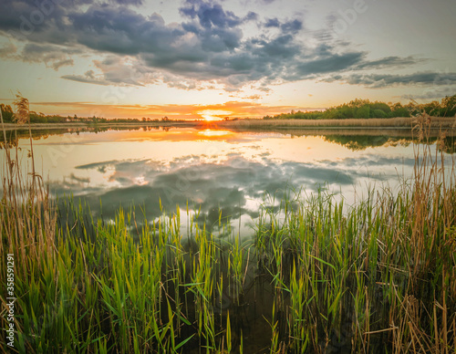 Scenic view at beautiful spring sunset with reflection on a shiny lake with green reeds  bushes  grass  golden sun rays  calm water  deep blue cloudy sky   glow on background  spring evening landscape