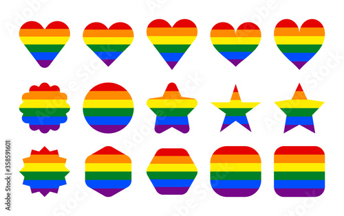 LGBT flag. Circle  star  hexagon  heart  square shapes. Set of signs in rainbow colors for use in LGBTQI Pride Event  LBGT Pride Month or Gay Pride Symbol. Vector illustration in EPS file format