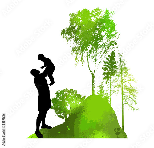 Happy Father's Day. Dad's holding the baby in his arms. Outdoors. Vector illustration