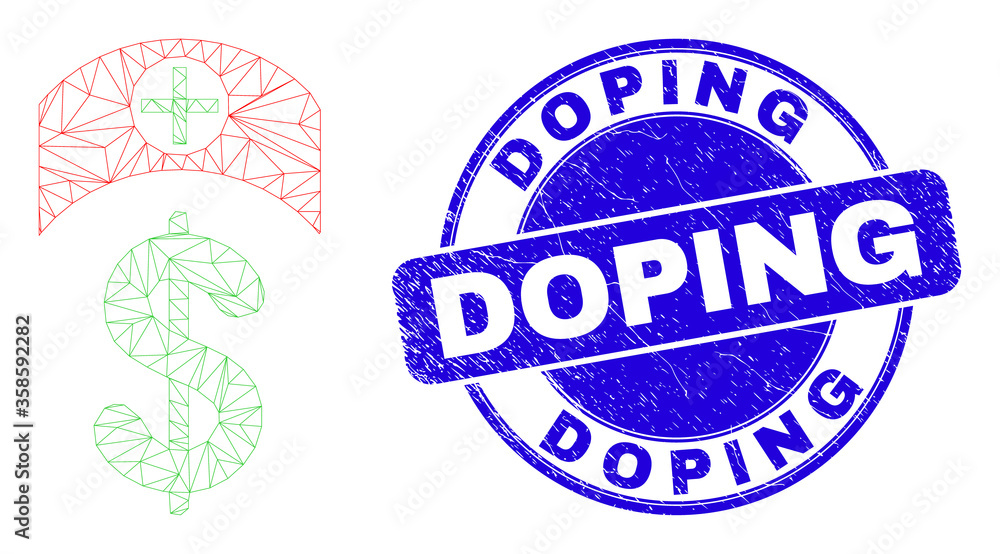 Web mesh medicine price icon and Doping stamp. Blue vector round textured seal stamp with Doping message. Abstract frame mesh polygonal model created from medicine price icon. Web mesh medicine price icon and Doping stamp. Blue vector round textured seal stamp with Doping message. Abstract frame mesh polygonal model created from medicine price icon.