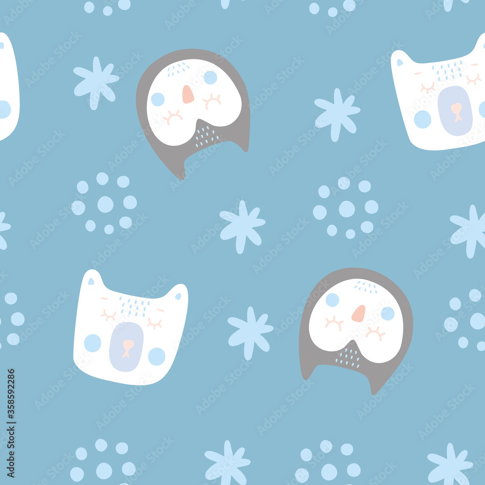 A pattern of cute bears and owls with abstract elements on blue background. Seamless pattern with cute animals. Can be used for childrens clothing or other childrens goods. Soft and pleasant colors. A pattern of cute bears and owls with abstract elements on blue background. Seamless pattern with cute animals. Can be used for childrens clothing or other childrens goods. Soft and pleasant colors.