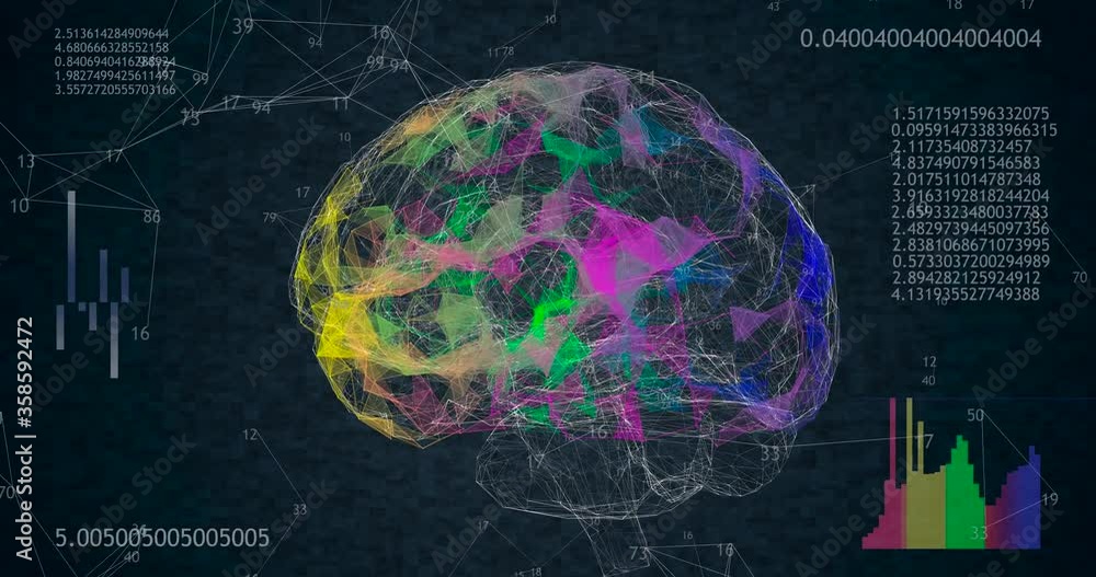 Rotating 360 low polygonal brain 3D model on black background with ...