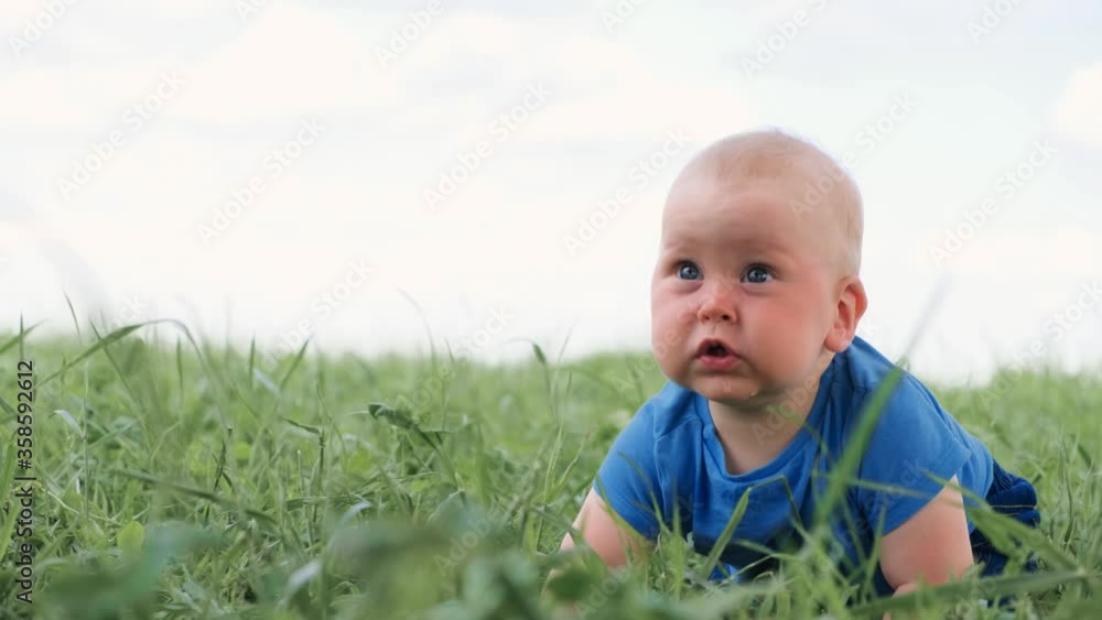 4k. baby sitting crawling on green grass and smiling broadly. Excited cute little caucasian child. Happy childhood and baby healthcare 4k. baby sitting crawling on green grass and smiling broadly. Excited cute little caucasian child. Happy childhood and baby healthcare