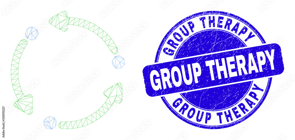 Web mesh rotation arrows pictogram and Group Therapy stamp. Blue vector round scratched seal stamp with Group Therapy message.