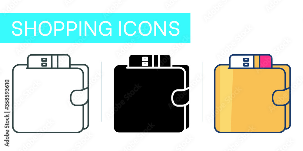 Icons set, wallet with cards for payment Icons set, wallet with cards for payment
