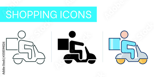 Icons set, delivery of products on a moped or scooter