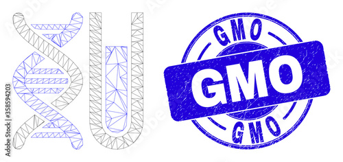 Web mesh DNA testtube pictogram and GMO seal stamp. Blue vector rounded grunge stamp with GMO text. Abstract carcass mesh polygonal model created from DNA testtube pictogram.
