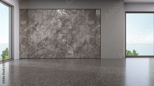 Industrial style interior design of modern showroom with empty terrazzo floor and dark metal wall background. Sea view entrance hall or lobby 3d illustration.