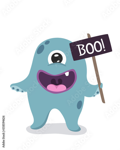 Cartoon cute monster mascot. Poster for baby room. Childish print for nursery. Design can be used for fashion t-shirt, greeting card, baby shower. Halloween vector illustration.