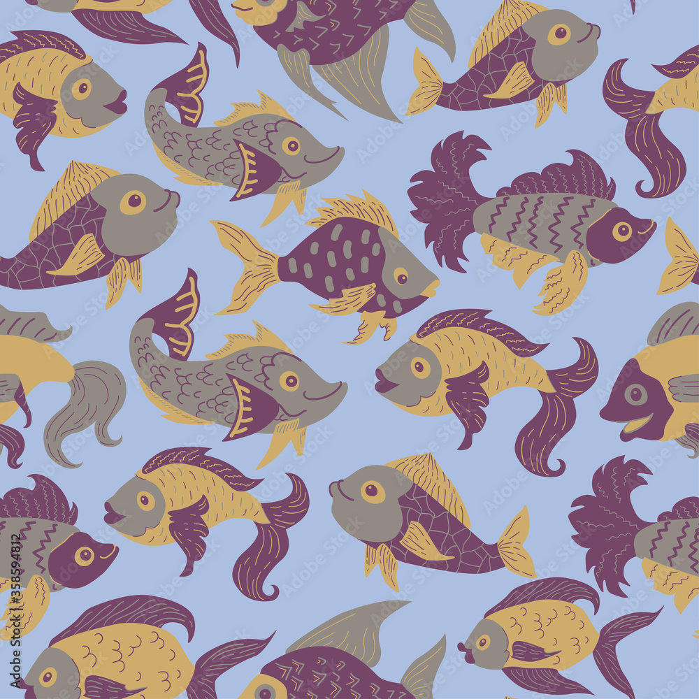 Seamless pattern of freshwater aquarium cartoon fishes. Vector illustration in sketch style. Design concept. Seamless pattern of freshwater aquarium cartoon fishes. Vector illustration in sketch style. Design concept.
