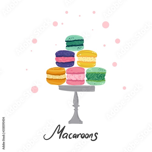 Colorful macaroons cookies. Menu dessert label product placements