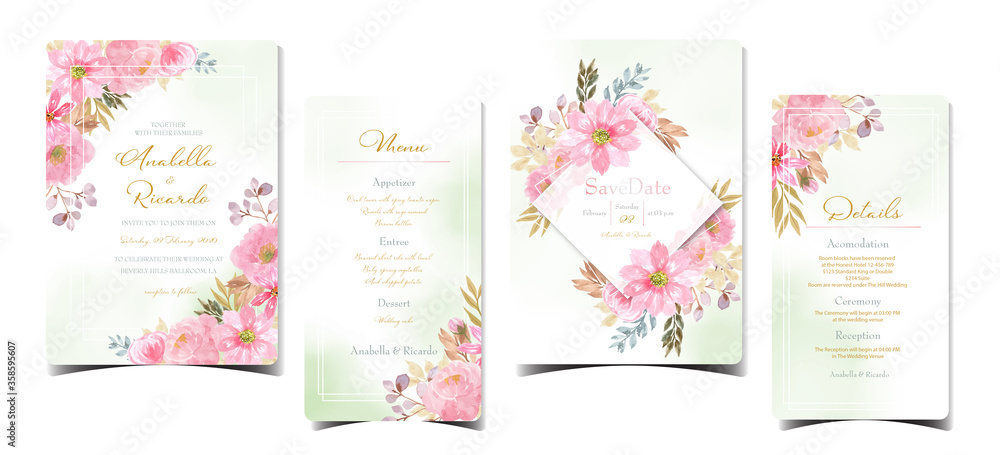 set of floral wedding invitation with watercolor pink flowers and abstract green background