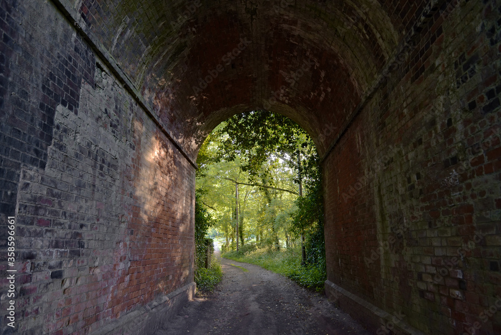 Red brick tunnel contains a muddy double-track lane that opens out into deciduous forest greenery.