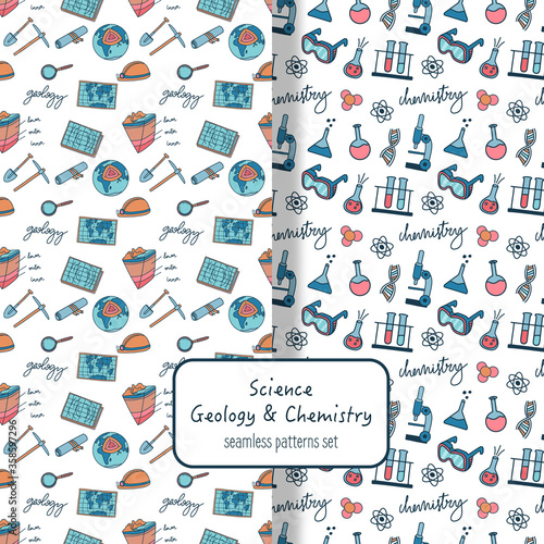 Seamless patterns with geology and chemistry elements.