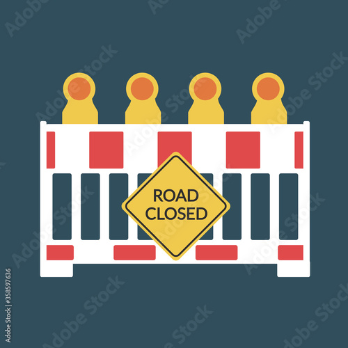 Red and white colored street barrier obstacle. stop coronavirus. Road closed ahead vector flat design symbol or roadblock isolated cartoon icon. trafic sign & reflector graphic. roadworks & Barricade