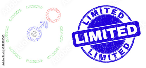 Web carcass move to circle perimeter icon and Limited seal stamp. Blue vector rounded grunge seal stamp with Limited text.
