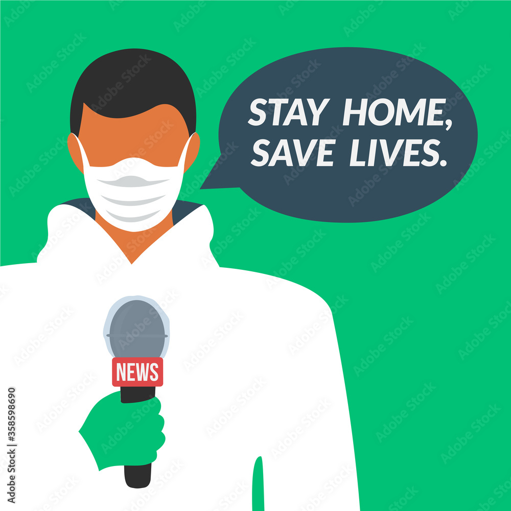 flat design reporter reports news & interview on tv live & hold microphone. doctor. medical staff vector & protective mask & suit white coverall. stay home save lives. coronavirus outbreak pandemic flat design reporter reports news & interview on tv live & hold microphone. doctor. medical staff vector & protective mask & suit white coverall. stay home save lives. coronavirus outbreak pandemic