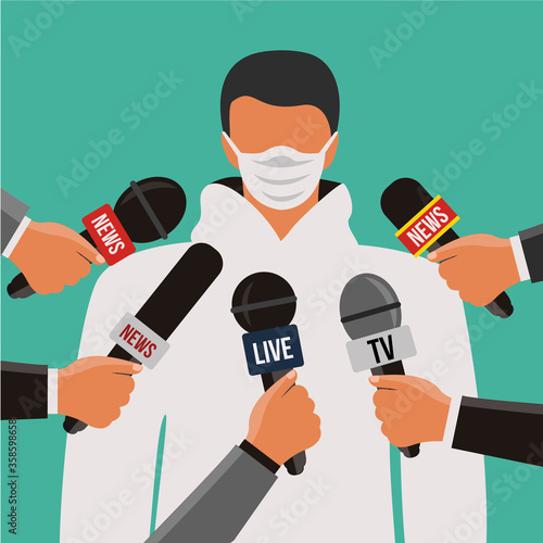press conference cartoon. flat design doctor with face mask, paramedic mediacl staff report & giving a speech about coronavirus outbreak pandemic news & hands holding many microphones vector cartoon