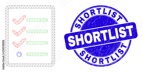 Web mesh task list page icon and Shortlist watermark. Blue vector round textured watermark with Shortlist caption. Abstract carcass mesh polygonal model created from task list page icon.
