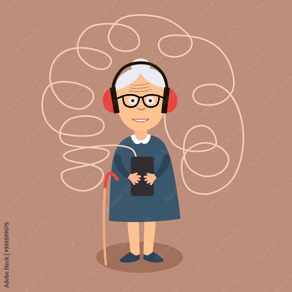 Old woman in big blue headphones listening to music on mobile phone. Very long wire from headphones. Vector illustration, flat concept.