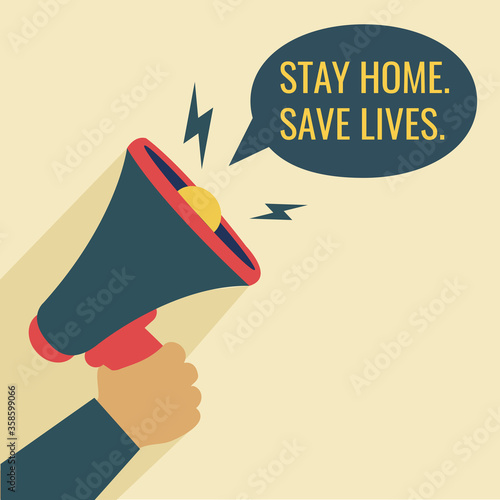 flat design news Massage & announcement. human hand hold loudspeaker vector. announce Megaphone stay home save lives stay safe from coronavirus outbreak pandemic graphic isolated cartoon illustration