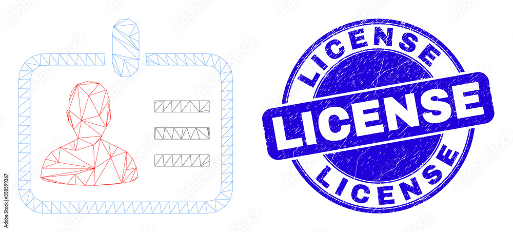 Web carcass person badge icon and License seal stamp. Blue vector rounded grunge seal stamp with License message. Abstract carcass mesh polygonal model created from person badge icon.