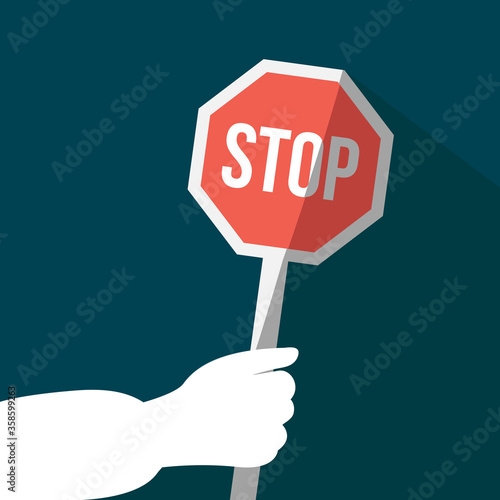 flat design Medical staff hand. infected character or protective white suit & gloves hold sign vector. Corona virus pandemic. stay home & stop coronavirus outbreak. health care background cartoon art
