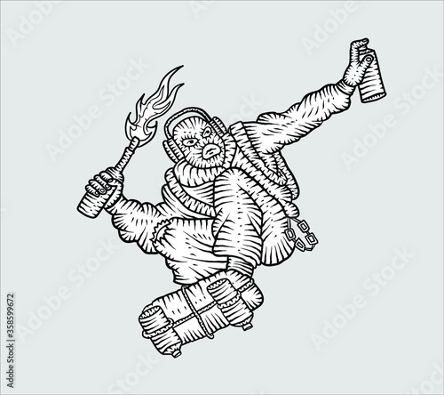 Vandal with a Molotov cocktail. Skateboarding and graffiti. Cartoon vector illustration