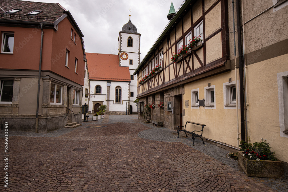 Cityview of Street of Waldenburg with Old Church Tower and Buildings, Germany Europa