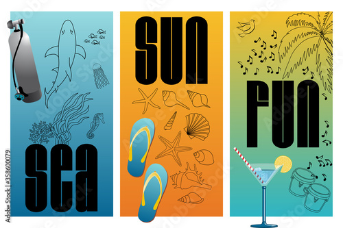 Affiche avec un triptyque sur le thème de la mer, le soleil et l’amusement pendant les vacances d’été dans des couleurs bleu et orange. 