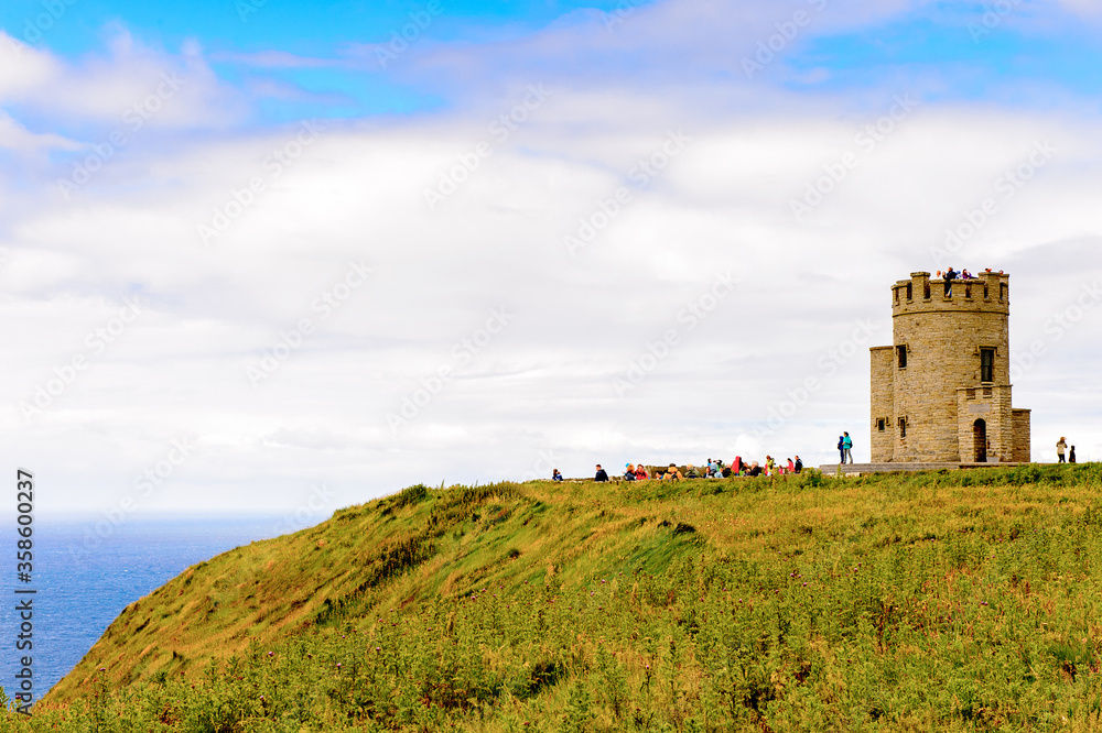 O'Brien's Tower on the Cliffs of Moher (Aillte an Mhothair), edge of the Burren region in County Clare, Ireland. Great touristic attraction